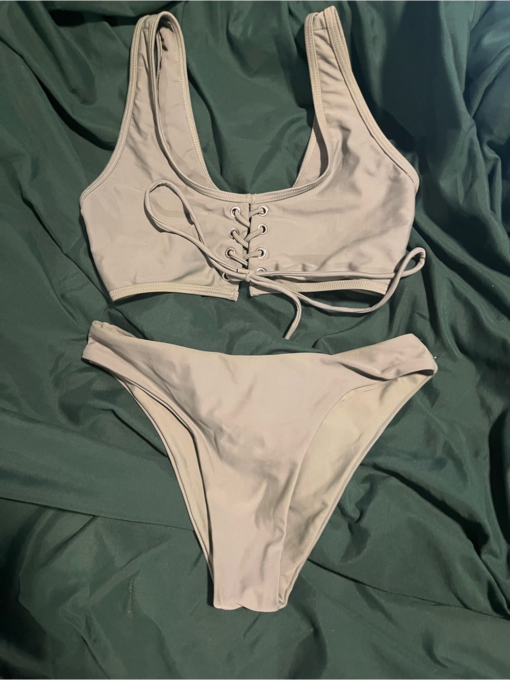 Lace-Up Scoop Neck Bikini Set in Light Beige